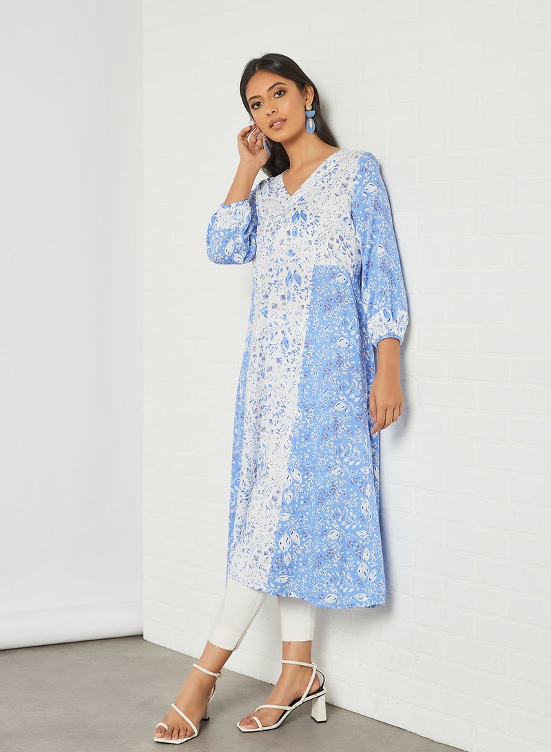 globaldesi Colourblock Printed Kurta Blue/White  - Image 1
