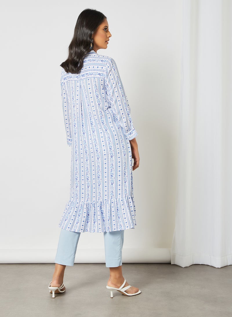 Ruffle Hem Collared Kurta Blue