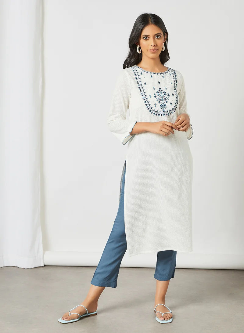globaldesi Striped Embroidered Kurta White