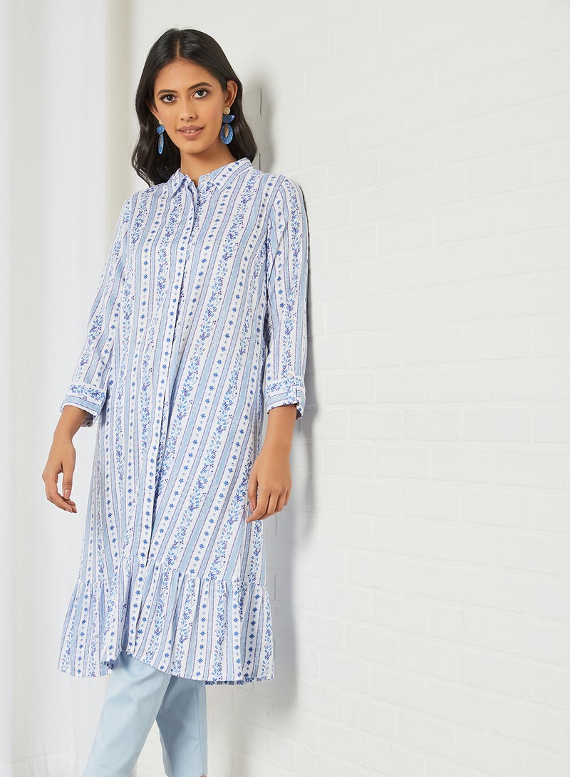 Ruffle Hem Collared Kurta Blue