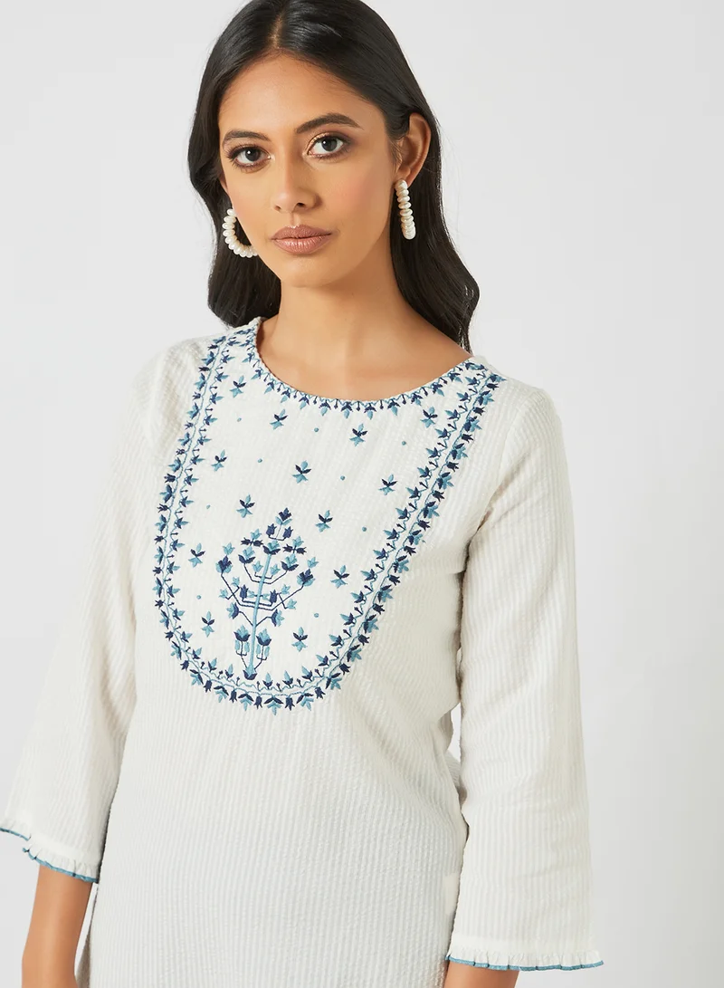 globaldesi Striped Embroidered Kurta White