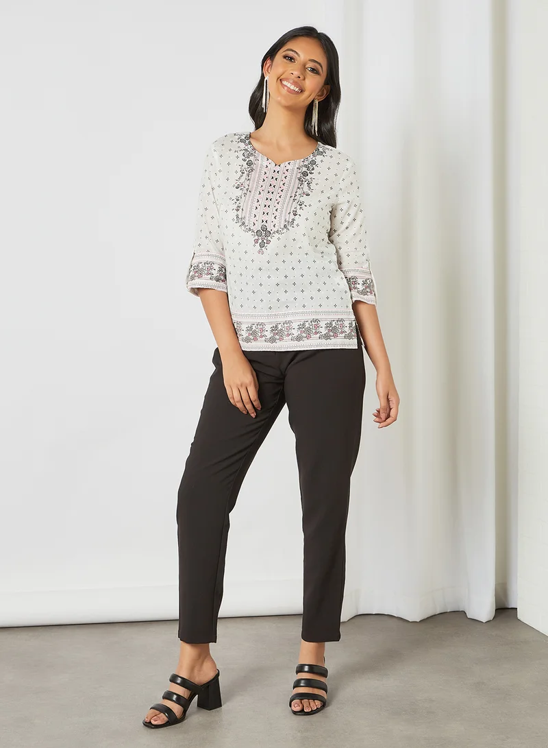 globaldesi Printed Plumeti Top White