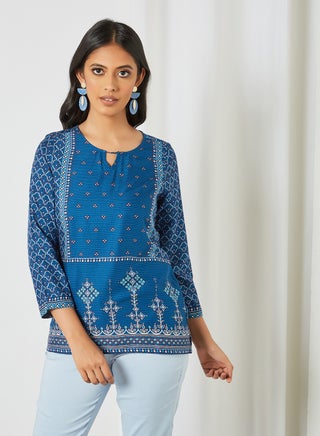 All-Over Motif Print Top Blue