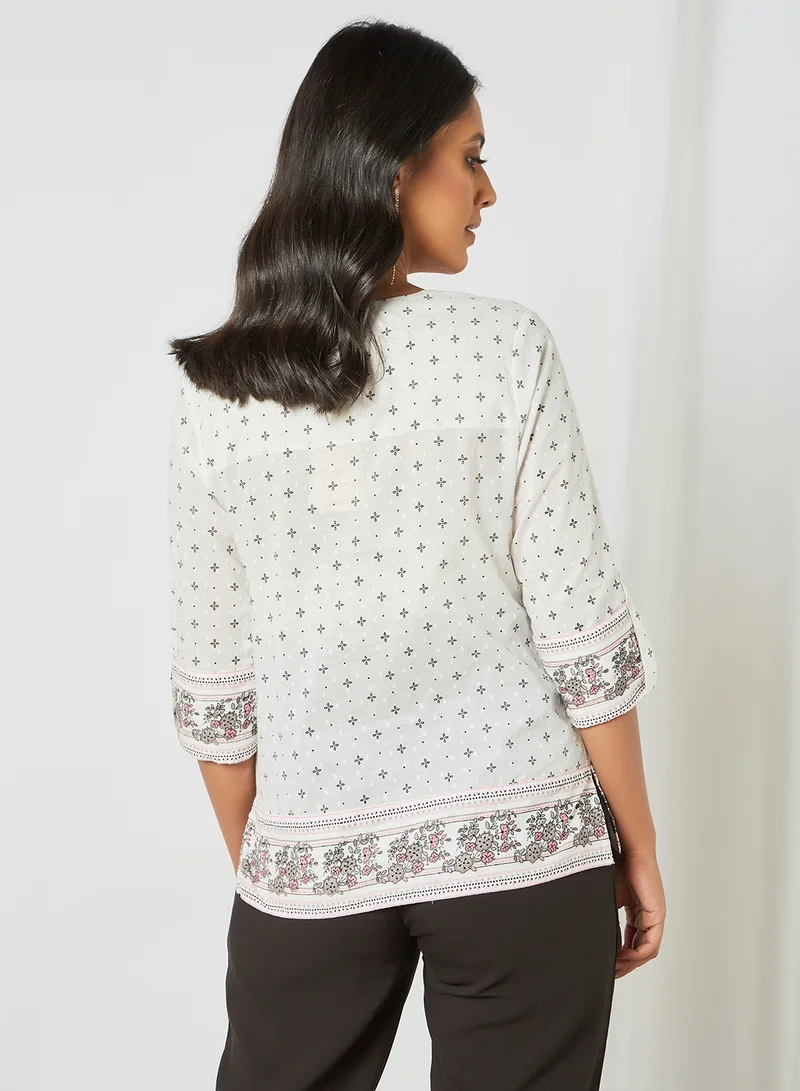 globaldesi Printed Plumeti Top White