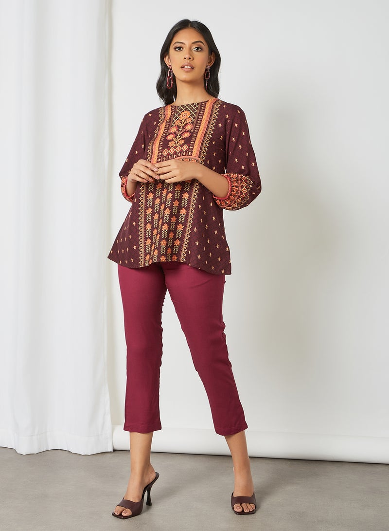 globaldesi - Printed A-Line Kurti Wine - Image 1