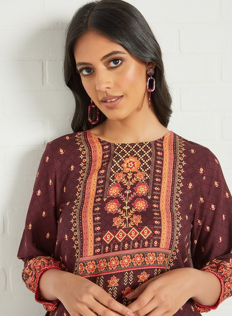 globaldesi - Printed A-Line Kurti Wine - Image 1