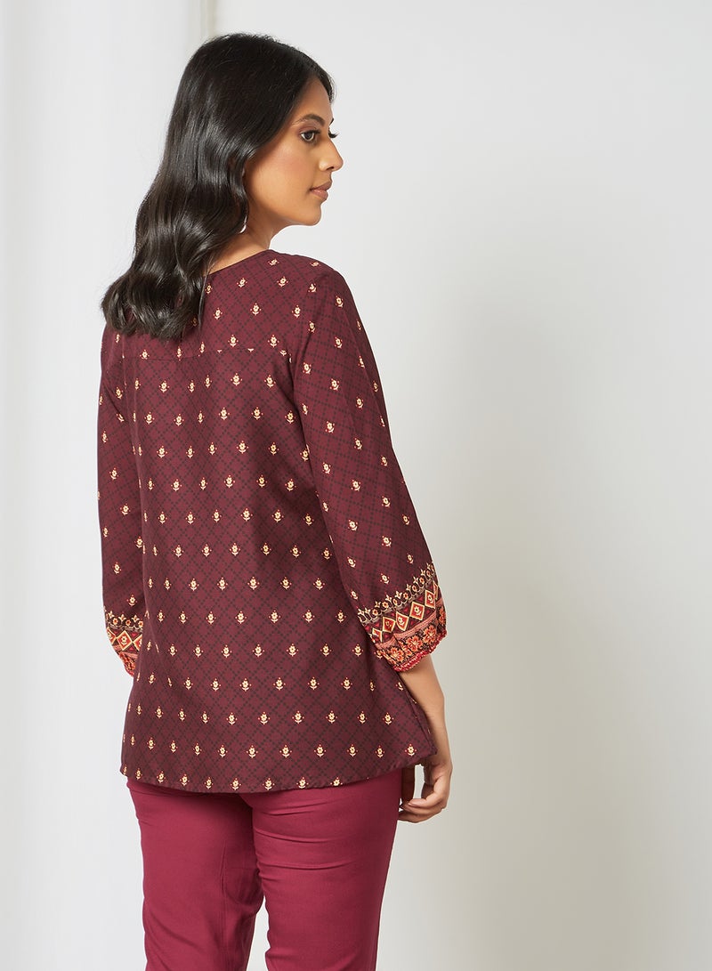globaldesi - Printed A-Line Kurti Wine - Image 1