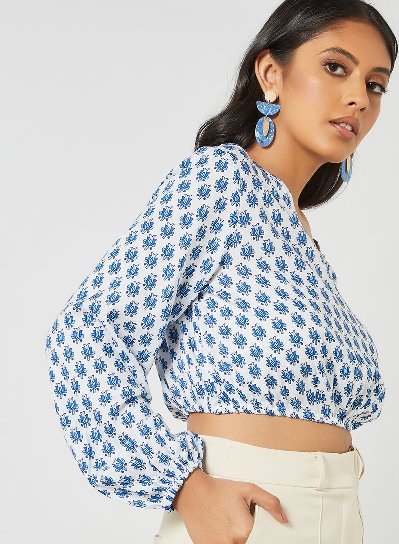 globaldesi - All-Over Motif Crop Top Blue/White - Image 1