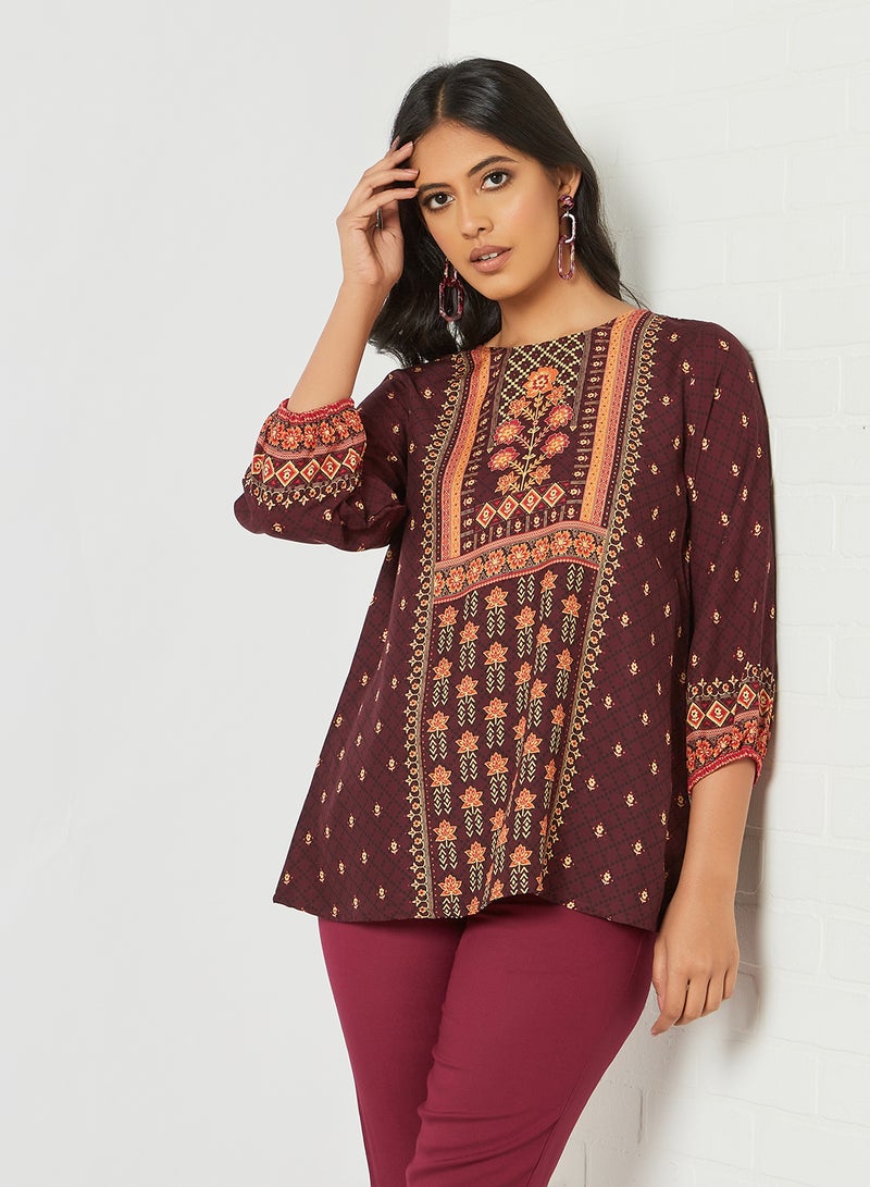 globaldesi - Printed A-Line Kurti Wine - Image 1
