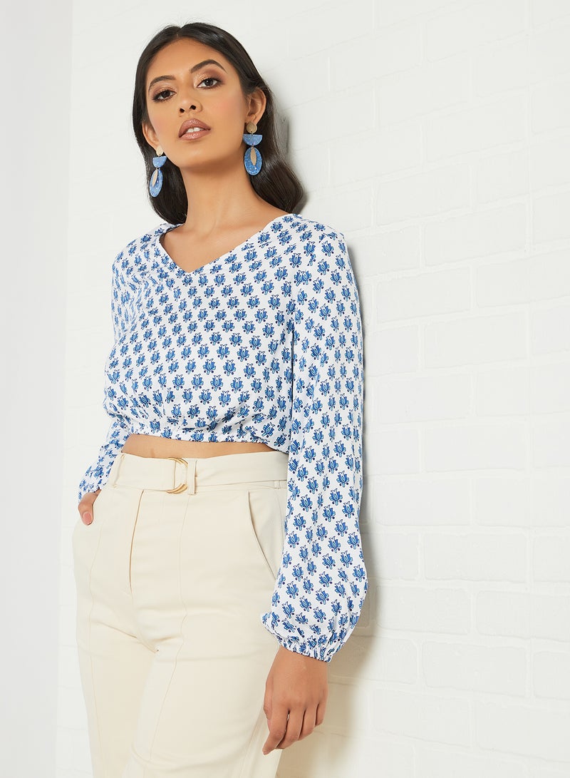 globaldesi - All-Over Motif Crop Top Blue/White - Image 1