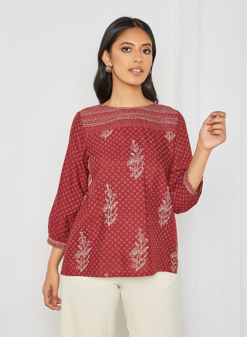 globaldesi - Printed Round Neck Top Maroon - Image 1