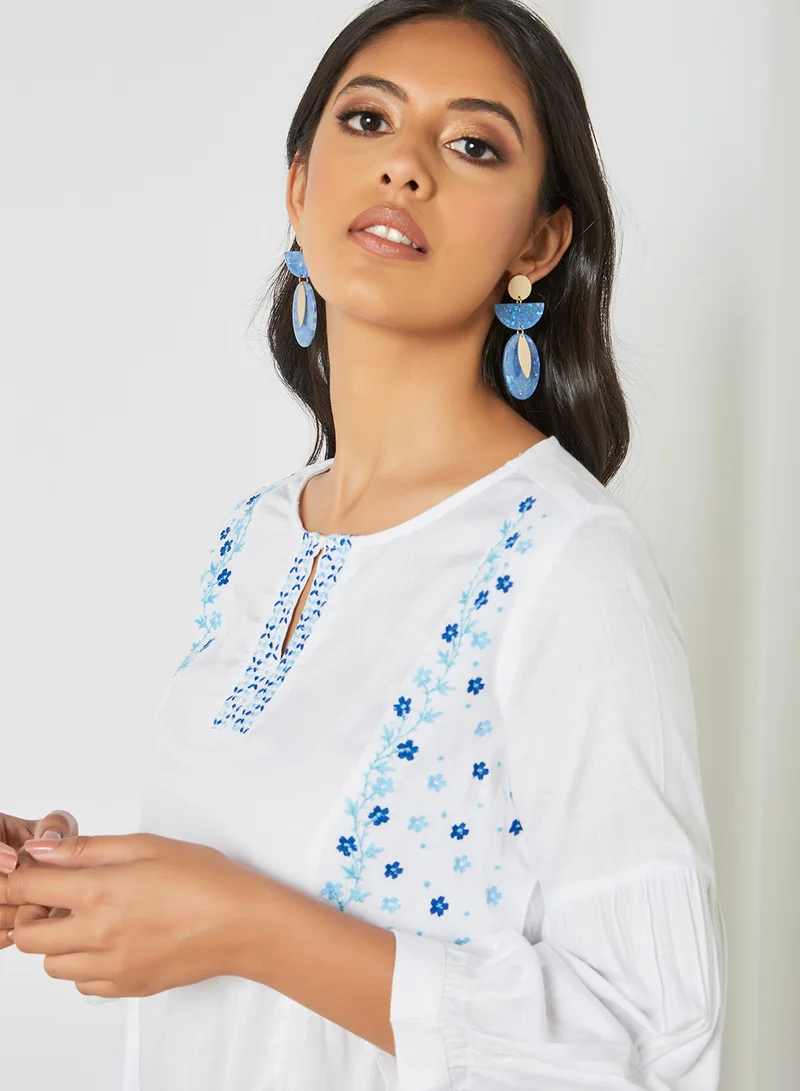 globaldesi Floral Embroidered Tunic White