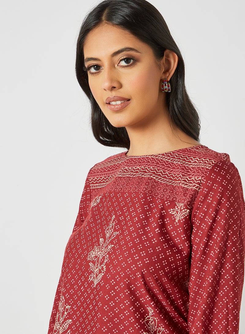 globaldesi - Printed Round Neck Top Maroon - Image 1