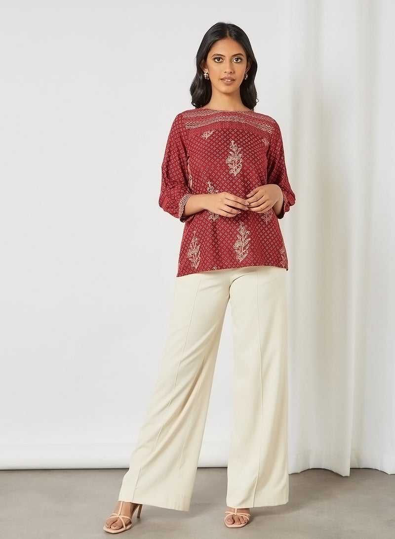 globaldesi - Printed Round Neck Top Maroon - Image 1