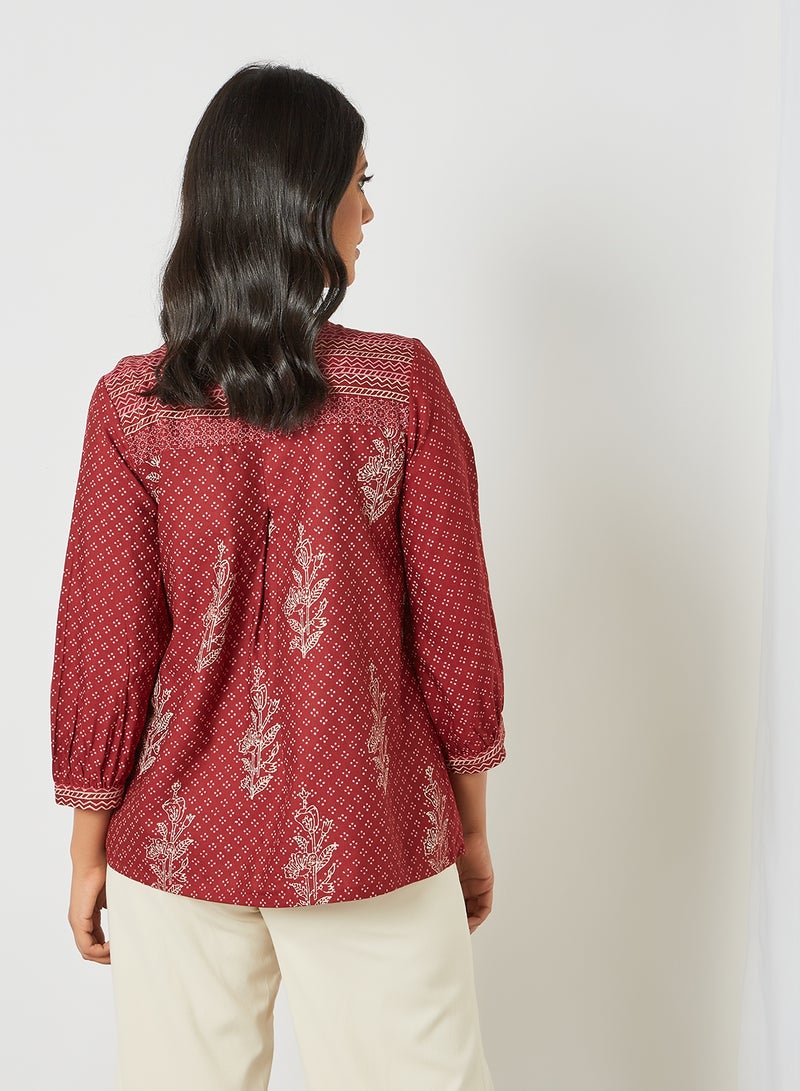 globaldesi - Printed Round Neck Top Maroon - Image 1