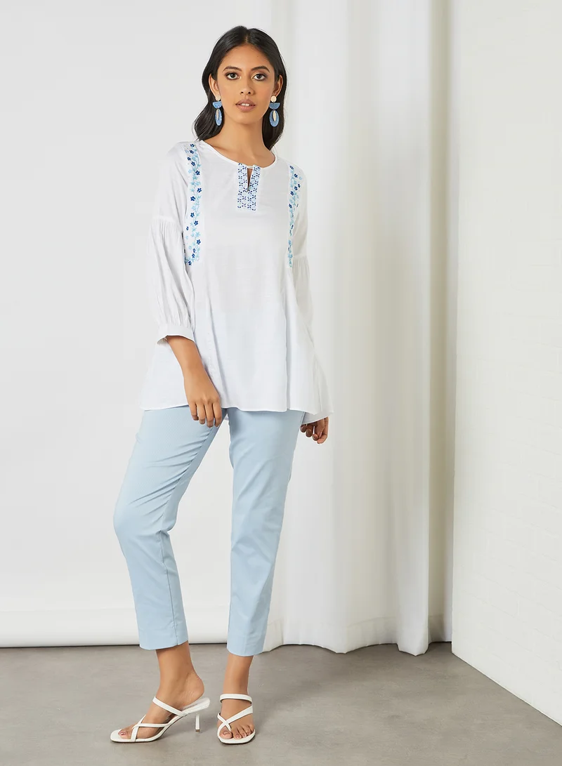 globaldesi Floral Embroidered Tunic White