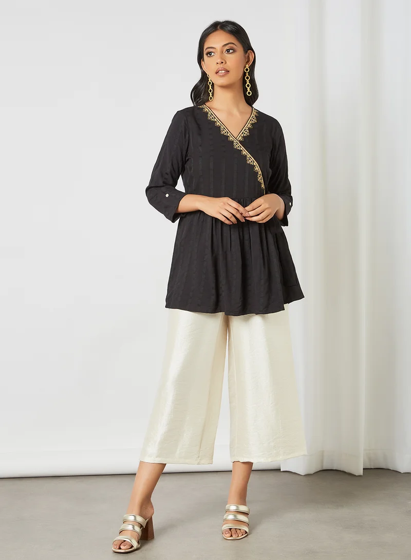 globaldesi Self Stripe V-Neck Tunic Black