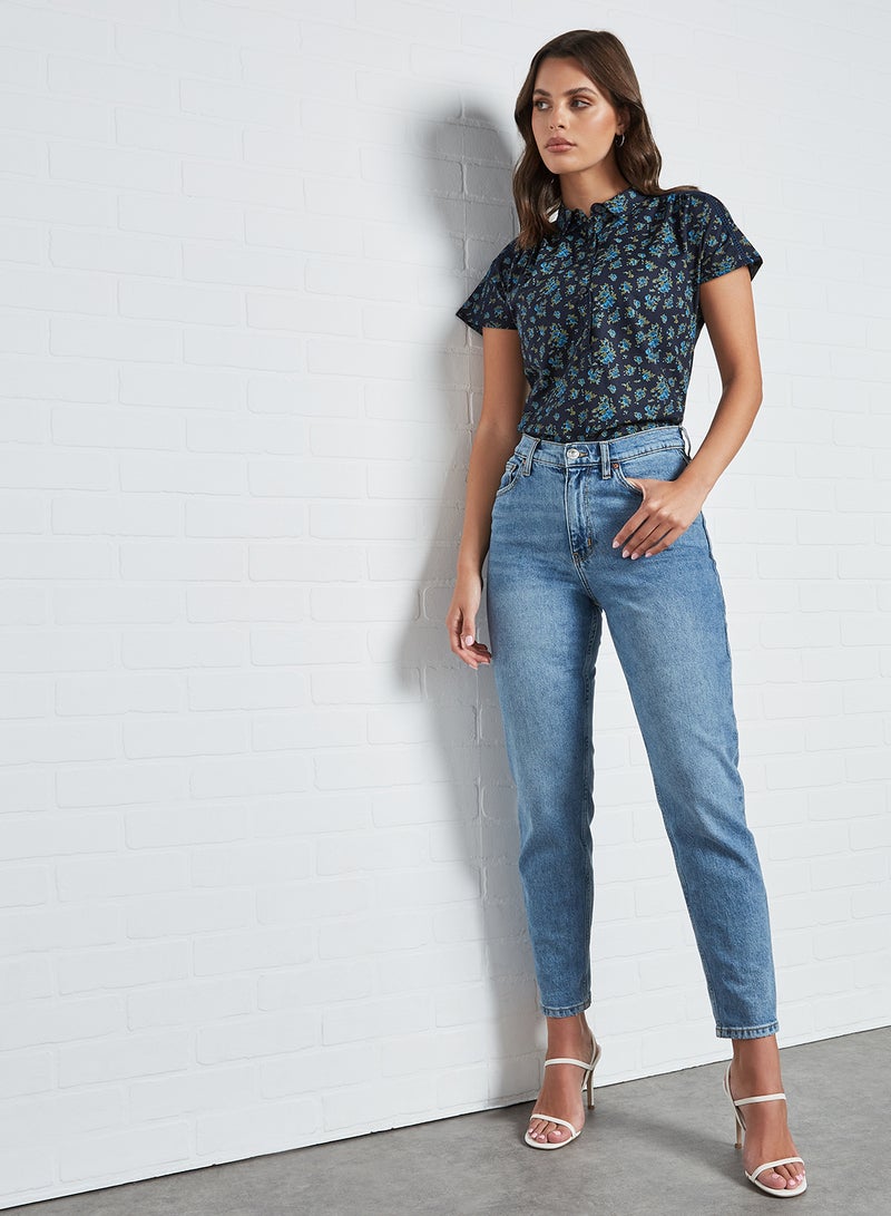ABOF - Half Placket Printed Top Navy Blue - Image 1