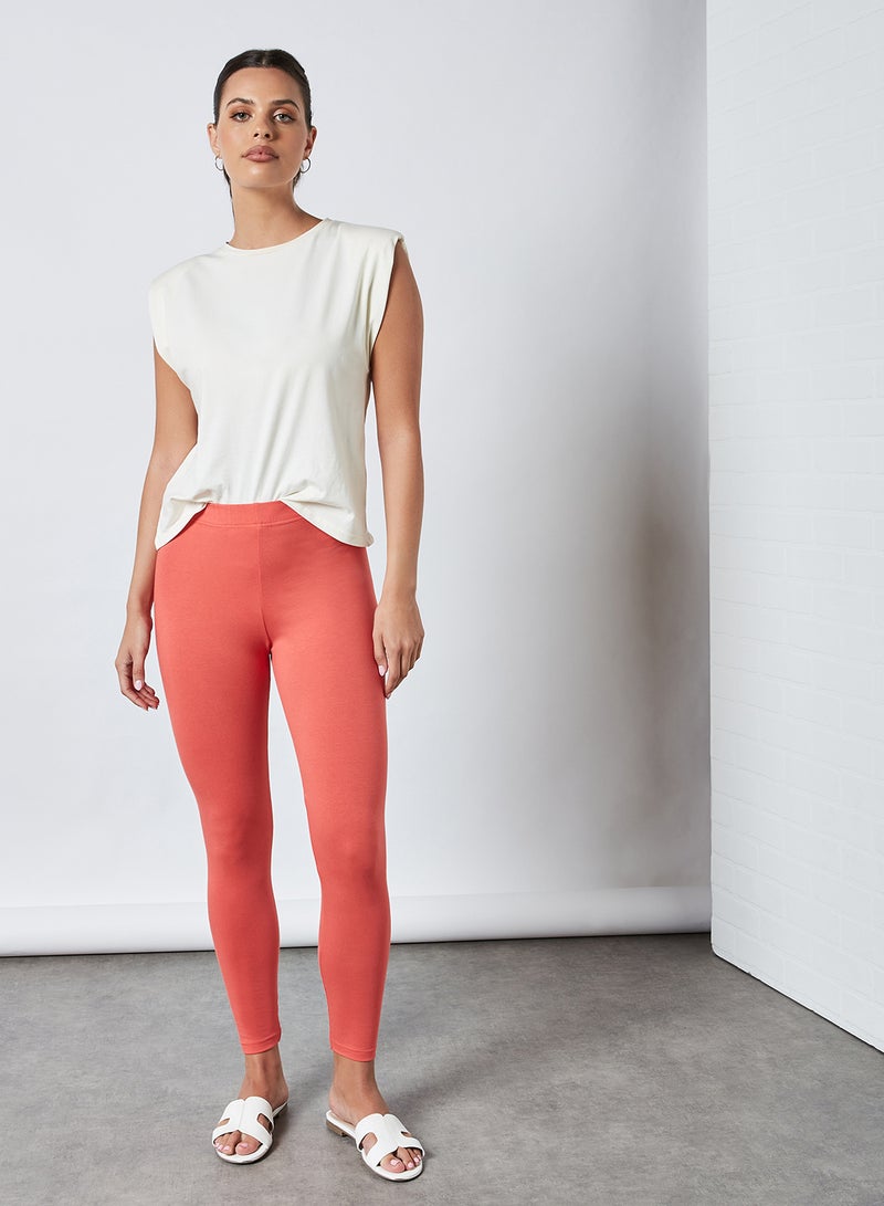 ABOF Elasticated Waist High Rise Skinny Fit Plain Leggings Deep Sea Coral  - Image 4