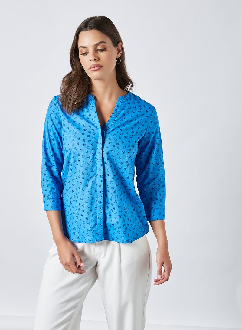 ABOF Three-Quarter Sleeve Regular Fit V-Neck Printed Shirt Dark Blue - Image 1