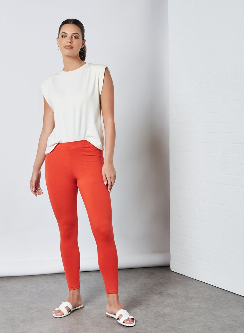ABOF Elastic Waist High-Rise Skinny Fit Plain Leggings Red  - Image 3