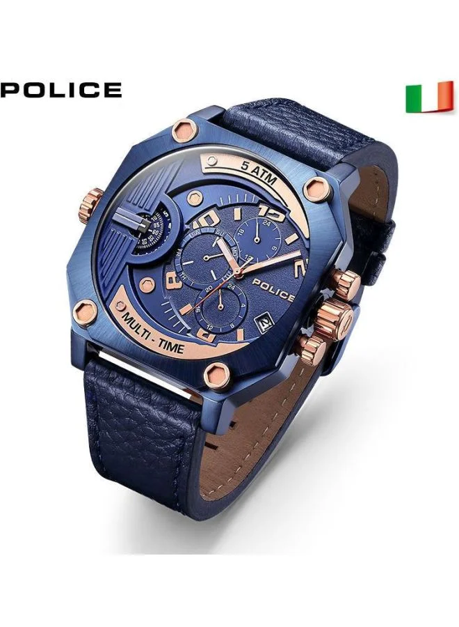 POLICE Men's Men's Furnace Octagon Shape Leather Band Analog Wrist Watch 48 mm - Blue - P 15385JSBL-03
