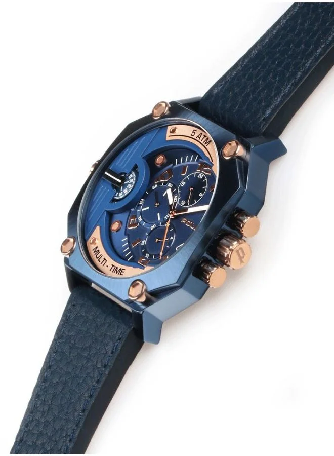 POLICE Men's Men's Furnace Octagon Shape Leather Band Analog Wrist Watch 48 mm - Blue - P 15385JSBL-03