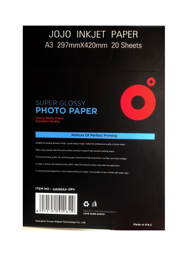 JOJO - A3 Size Super Glossy Waterproof Photo Paper For All Inkjet Printer 20 Sheets - Image 1