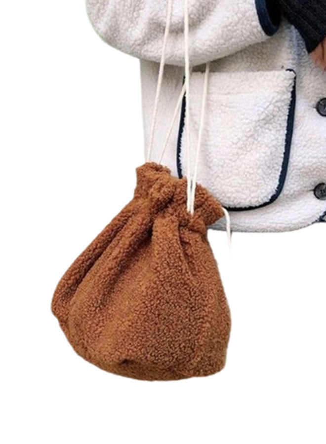 Plush Drawstring Bucket Bag Brown