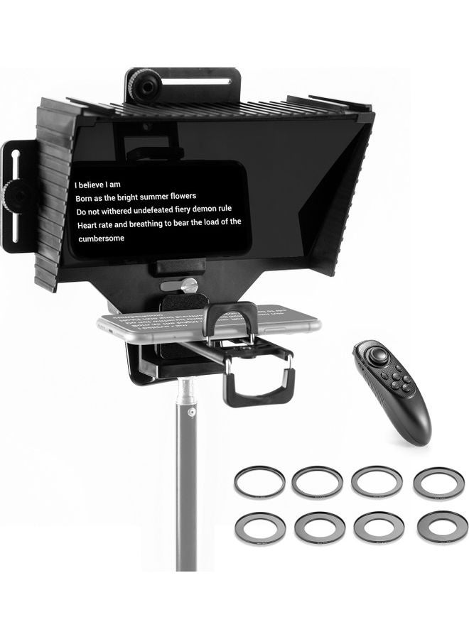 Portable Prompter with BT Remote Control Lens Adapter Ring Set For Live Stream and Video Recording Black - Image 1