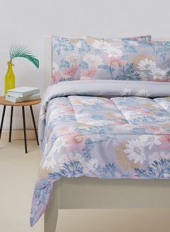 3-Piece Comforter Set - Extra Soft Microfiber For King Size - All Season Everyday Use Bedding Set - Polyester Grey/Pink/Blue 260X240cm +Pillow Cover 50X75cm