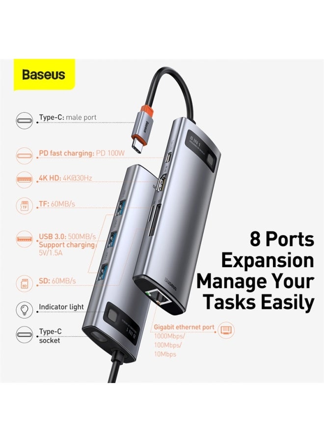 Baseus - 8 in 1 USB C Hub Docking Station Adapter with 4K HDMI for MacBook Pro, Surface Pro, iPad Pro and Other Type C Devices Grey/Black - Image 1