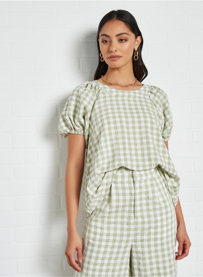 Native Youth Puff Sleeve Gingham Top Green  - Image 1