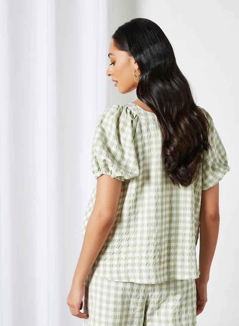 Native Youth Puff Sleeve Gingham Top Green