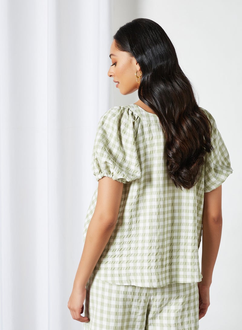 Native Youth Puff Sleeve Gingham Top Green  - Image 4