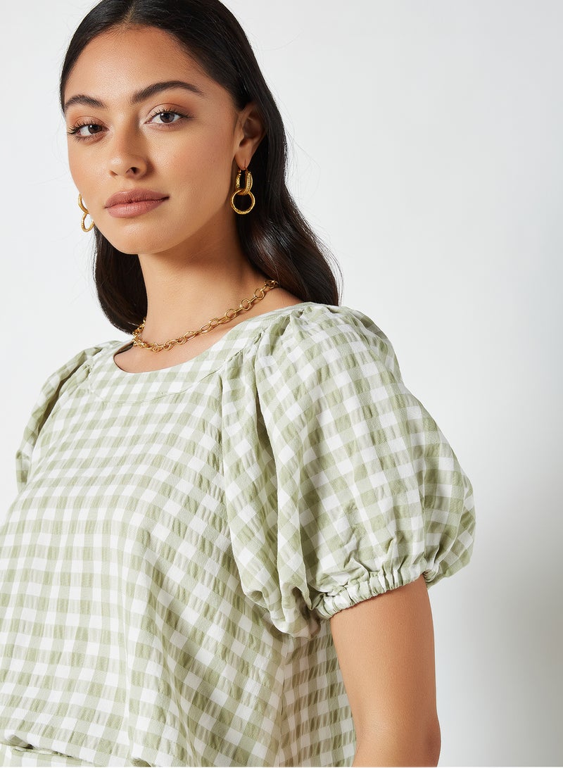 Native Youth Puff Sleeve Gingham Top Green  - Image 2
