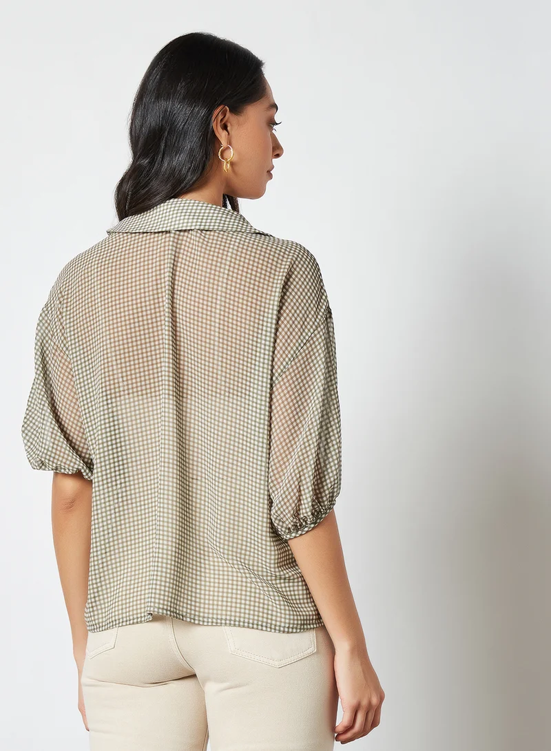 Native Youth Puff Sleeve Check Shirt Green