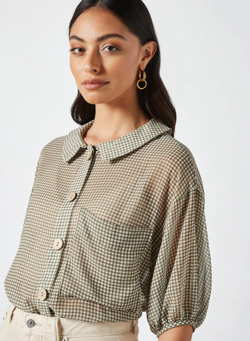 Native Youth Puff Sleeve Check Shirt Green