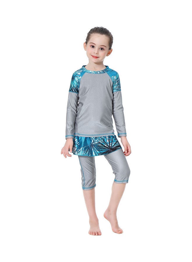 3-Piece Sun Protection Conservative Swimsuit Set Grey/Blue - Image 2