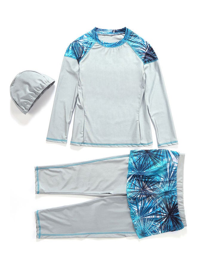 3-Piece Sun Protection Conservative Swimsuit Set Grey/Blue - Image 1