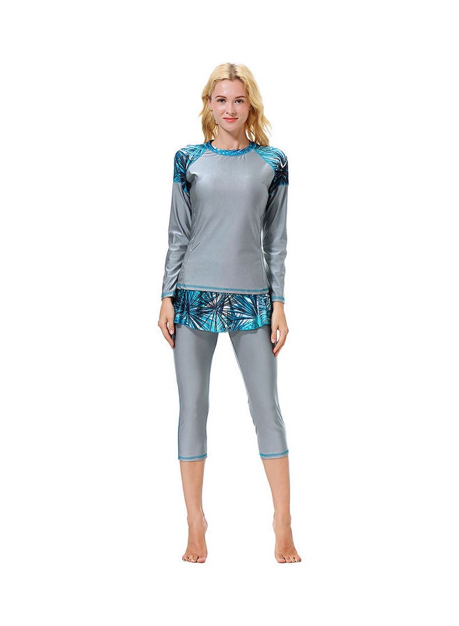 3-Piece Sun Protection Conservative Swimsuit Set Grey/Blue - Image 2
