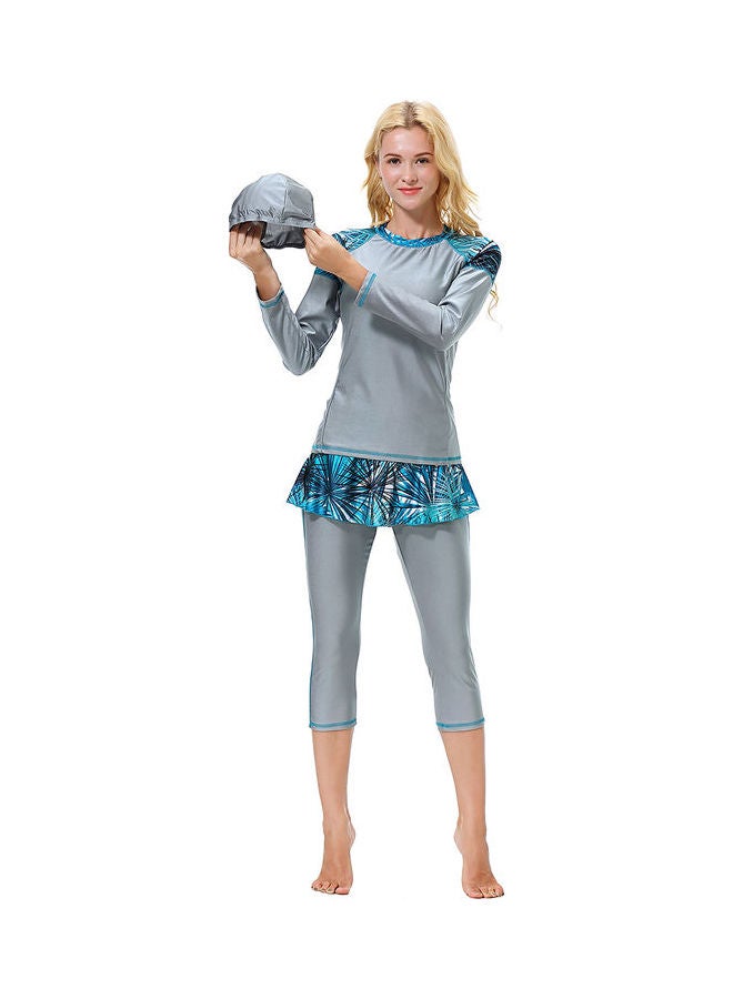 3-Piece Sun Protection Conservative Swimsuit Set Grey/Blue - Image 3