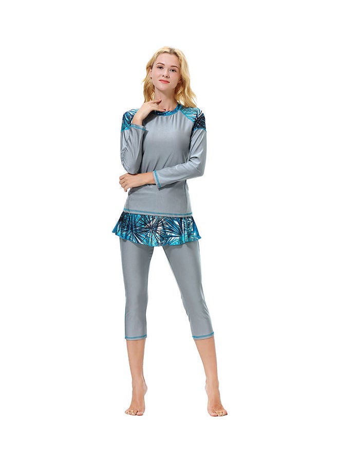 3-Piece Sun Protection Conservative Swimsuit Set Grey/Blue