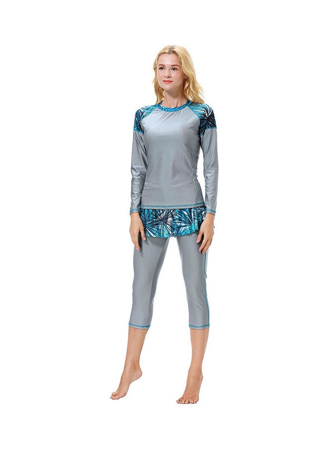 3-Piece Sun Protection Conservative Swimsuit Set Grey/Blue