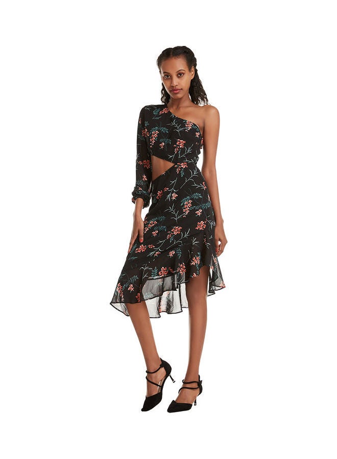 فستان متوسط الطول بكتف واحد مزين بطبعة زهور أسود - Image 1