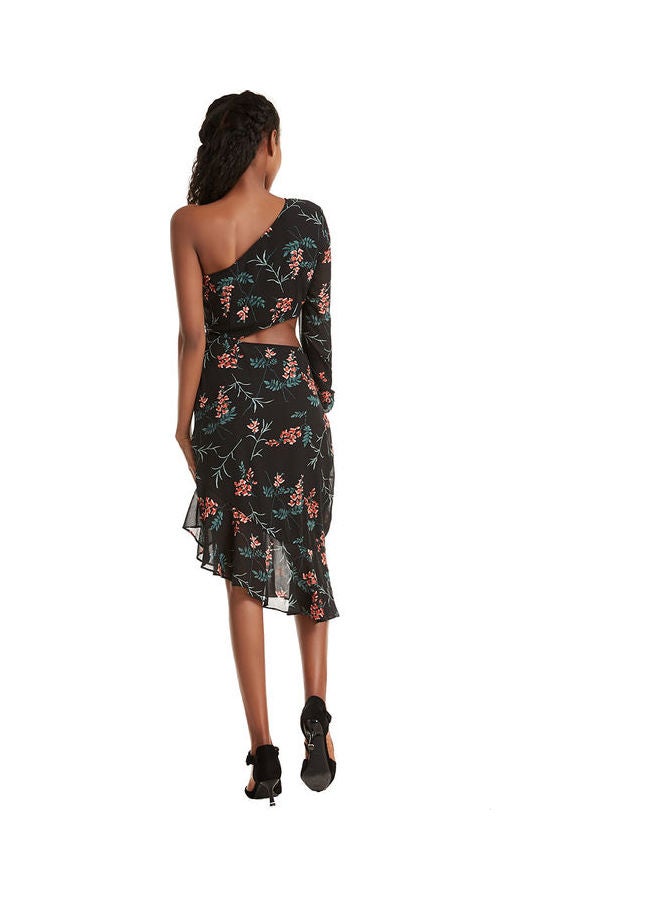 فستان متوسط الطول بكتف واحد مزين بطبعة زهور أسود - Image 2