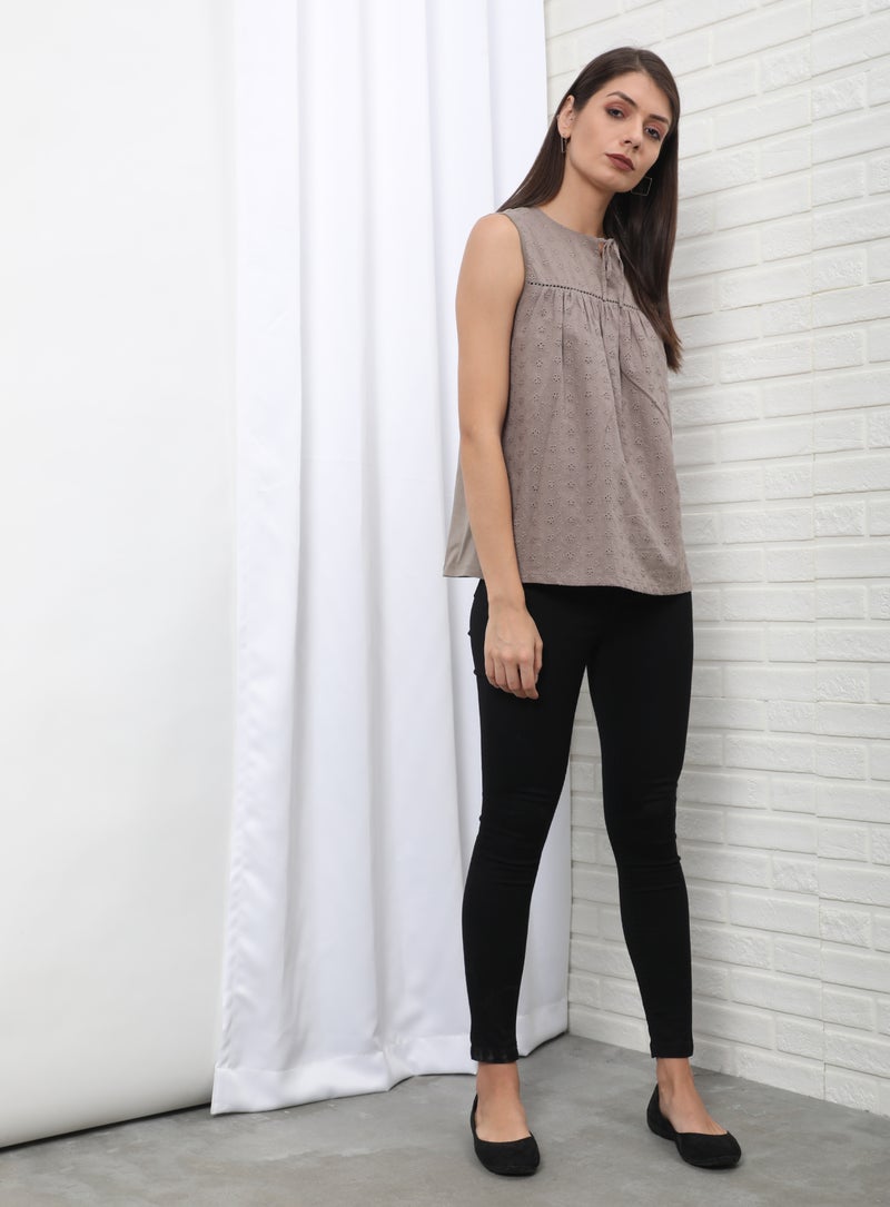 OFFROAD - Keyhole Neck Sleeveless Top Khaki - Image 1