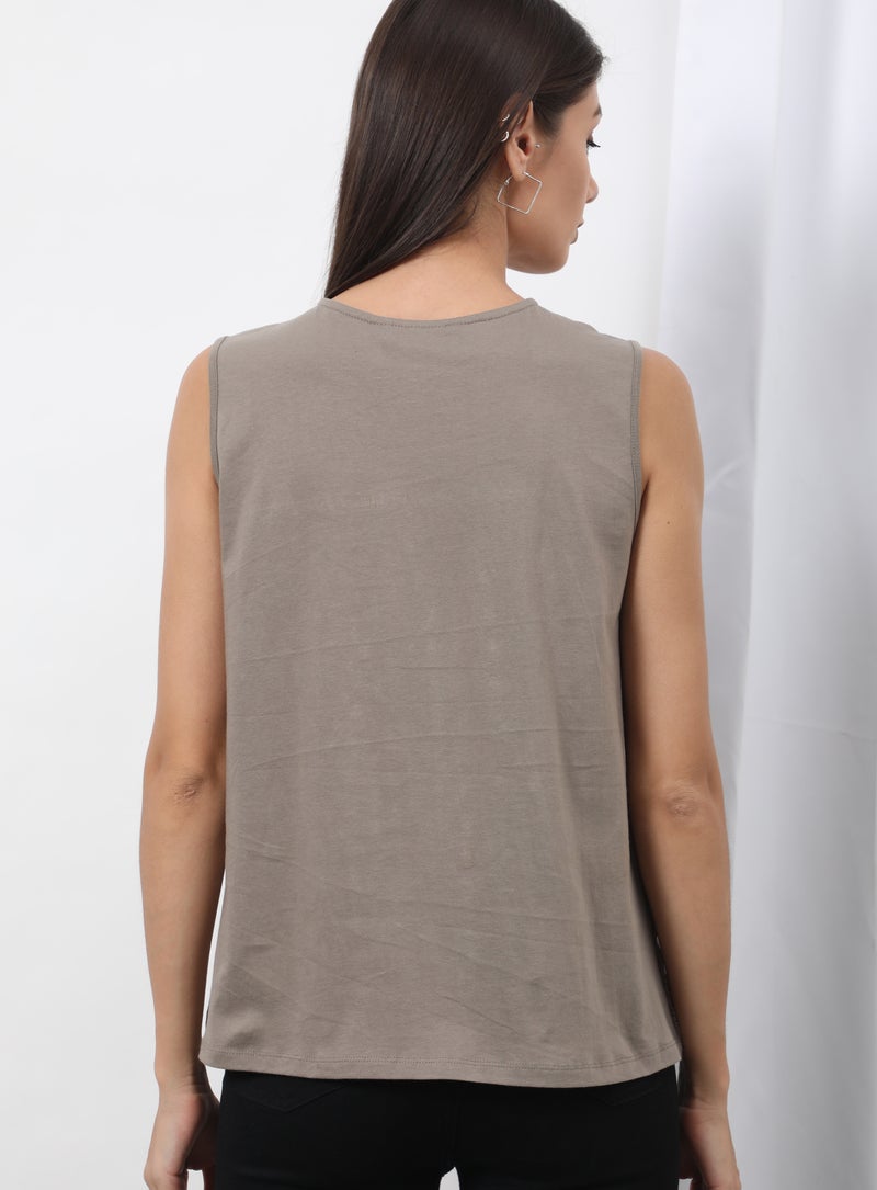OFFROAD - Keyhole Neck Sleeveless Top Khaki - Image 1