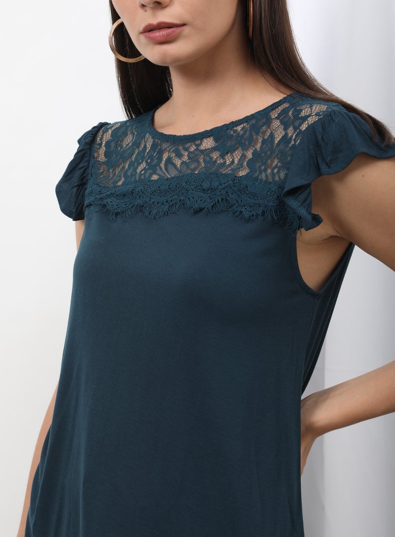 OFFROAD Round Neck Cap Sleeve Top Teal  - Image 3
