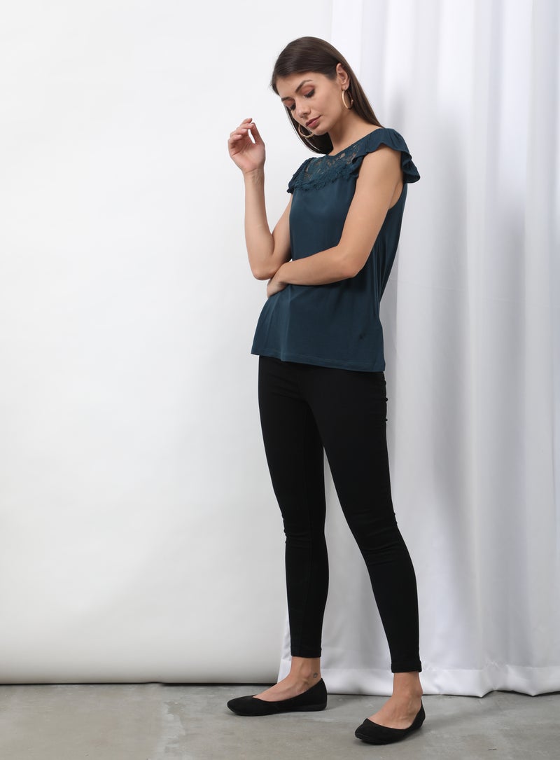 OFFROAD Round Neck Cap Sleeve Top Teal  - Image 4